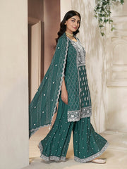 Neck Embroidery Art Silk Kurta With Sharara And Dupatta