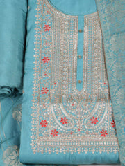 Embroidered Chanderi Sea Green Unstitched Suit With Pant & Dupatta