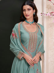 Embroidered Art Silk Unstitched Suit With Pant & Dupatta