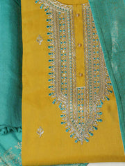 Embroidered Chanderi Mehndi Unstitched Suit With Pant & Dupatta