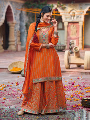 Embroidered Chinon Kurta With Plazzo & Dupatta