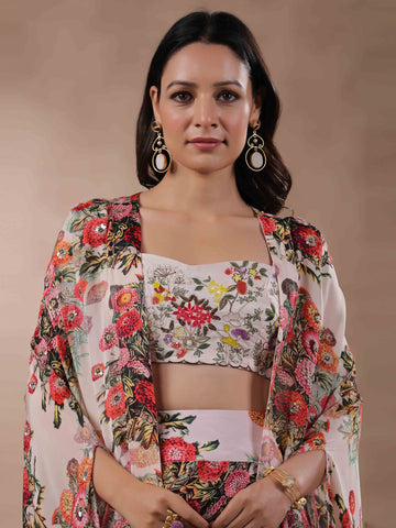 Floral Printed Crepe Crop Top With Wrap Skirt And Jacket