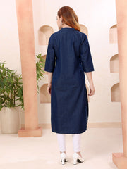 Neck Patti Embroidered Denim Kurta