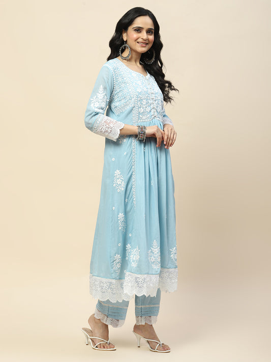 Neck Embroidery Cotton Anarkali With Pants & Dupatta