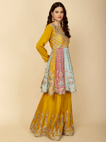 Embroidery Crepe Suit Set With Dupatta & Sharara