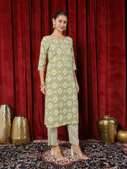 Printed Cotton Blend Kurta With Pants & Dupatta