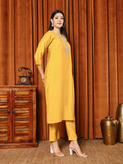 Resham Work Cotton Blend Kurta With Pants & Dupatta