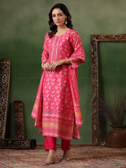 Digital Printed Cotton Blend Kurta With Pants & Dupatta