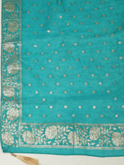 Embroidered Chanderi Cream-Lake Blue Unstitched Suit With Pant & Dupatta