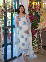 Floral Printed Cotton Blend Kurta With Pants & Dupatta