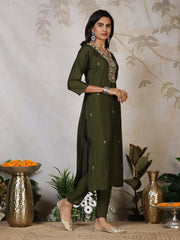 Embroidered Cotton Blend Kurta With Pants & Dupatta