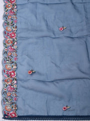 Embroidered Chanderi Blue Unstitched Suit With Pant & Dupatta