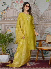 Embroidered Tissue Kurta With Pants & Dupatta
