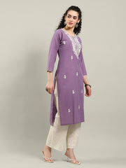 Neck Embroidered Cotton Blend Kurta With Pants