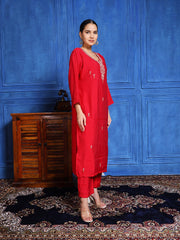 Embroidered Muslin Kurta With Pants & Dupatta