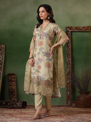 Digital Floral Printed Cotton Blend Kurta With Pants & Dupatta
