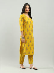 Printed Cotton Blend Kurta With Pants & Dupatta