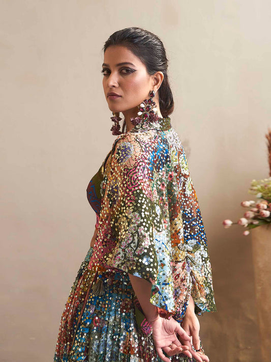 Sequin Embroidered Georgette Choli With Lehenga & Jacket