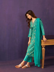 Neck Embroidery Organza Kurta With Pants & Dupatta
