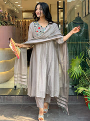 Printed Cotton Blend Kurta With Pants & Dupatta