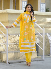 Printed Cotton Blend Kurta With Pants & Dupatta