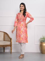 Printed Neck Embroidered Cotton Blend Kurta