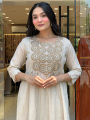Neck Embroidered Muslin Kurta With Pants & Dupatta
