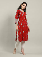 Printed Neck Embroidered Cotton Blend Kurta