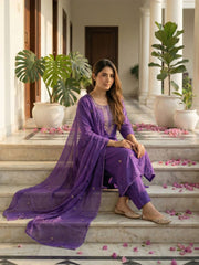 Embroidered Cotton Blend Kurta With Pant & Dupatta