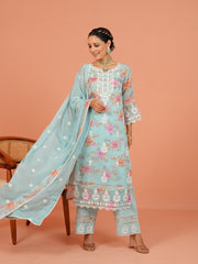 Digital Floral Printed Organza Kurta With Pants & Dupatta