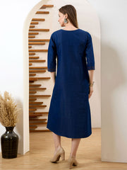 Neck Embroidered Denim Dress