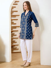 Neck Embroidered Denim Kurta