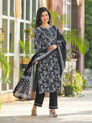 Printed Cotton Blend Kurta With Pants & Dupatta