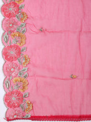 Embroidered Chanderi Rani Unstitched Suit With Pant & Dupatta