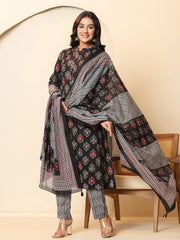 Printed Cotton Blend Kurta With Pants & Dupatta