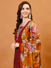 Neck Embroidered Chanderi Unstitched Suit Piece With Dupatta