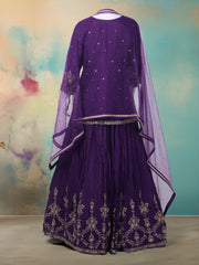 Zari Embroidered Chinon Kurti With Lehenga & Dupatta