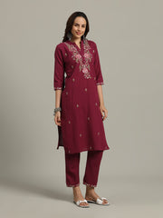 Resham Embroidered Cotton Kurta With Pants & Dupatta