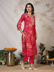 Printed Neck Embroidered Cotton Blend Kurta