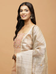 Neck Embroidered Chanderi Unstitched Suit Piece With Dupatta