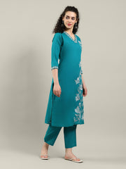 Embroidered Cotton Blend Kurta With Pants
