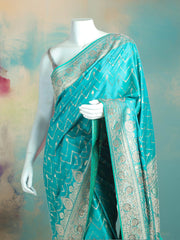 Woven Design & Embellished Border Satin Rama Green Saree
