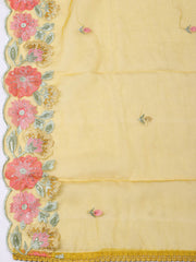Embroidered Chanderi Mustard Unstitched Suit With Pant & Dupatta