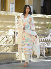 Printed Cotton Blend Kurta With Pants & Dupatta