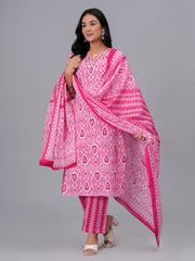 Printed Cotton Blend Kurta With Pant & Dupatta
