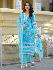 Printed Cotton Blend Kurta With Pants & Dupatta