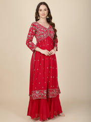 Zari Embroidered Booti Georgette Kurta With Palazzo & Dupatta