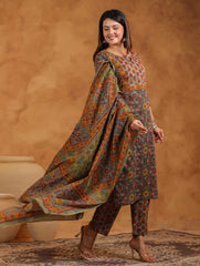 Printed Cotton Blend Kurta With Pants & Dupatta