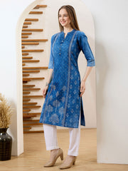 Neck Embroidered Denim Kurta