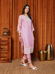Resham Work Organza Kurta With Pants & Dupatta